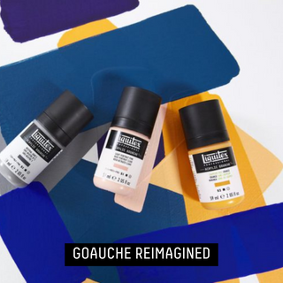 GOUACHE REIMAGINED - acrylic gouache bottles resting on painted surface