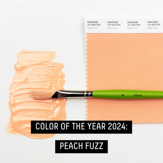 PANTONE COLOR OF THE YEAR 2024 PEACH FUZZ - COLOR PAINTED NEXT TO A SWATCH WITH A LIQUITEX PAINT BRUSH