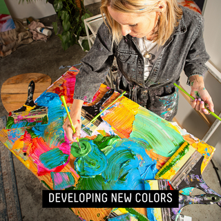 DEVELOPING NEW COLORS - artist painting with multiple brushes using vibrant colors